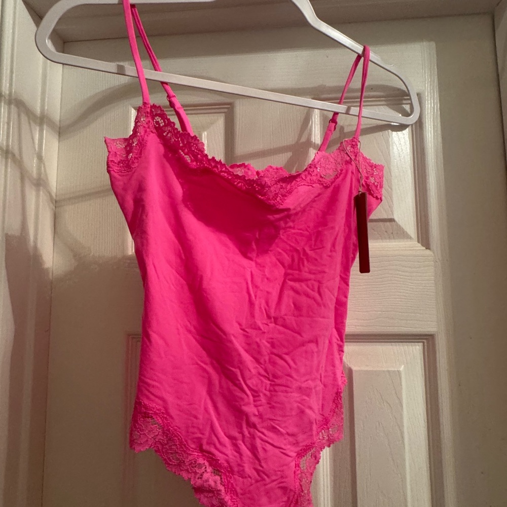 SKIMS Hot Pink Lace Trim Bodysuit